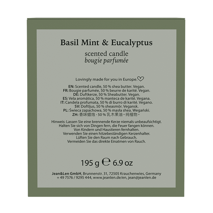 Duftkerze Eukalyptus mit Basilikum und Minze - Jean&Len - 195g